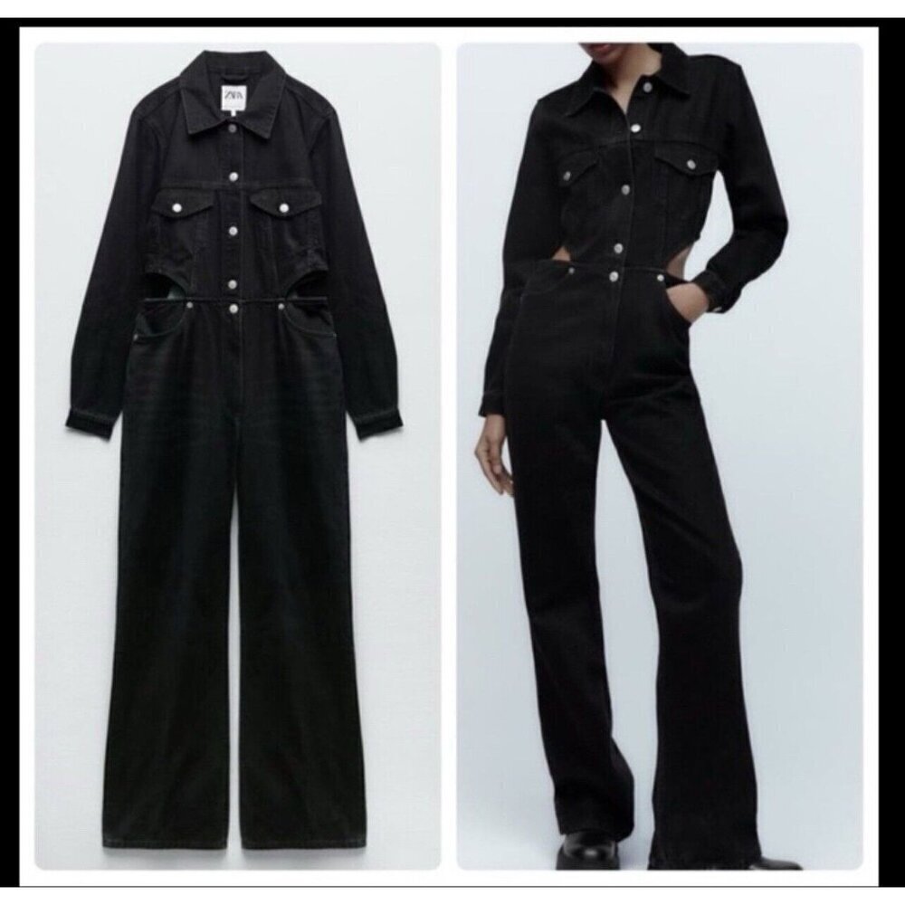 Zara XS Black Denim Jumpsuit Waist Cutouts Long Sleeve Classic Womens Jean